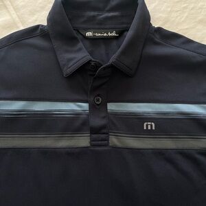 Travis Mathew Dark Blue Polo with Light Blue and dark gray green stripes